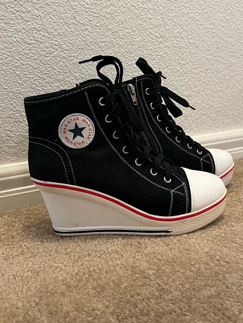 Black Wedge High-Top Sneakers with White Toe